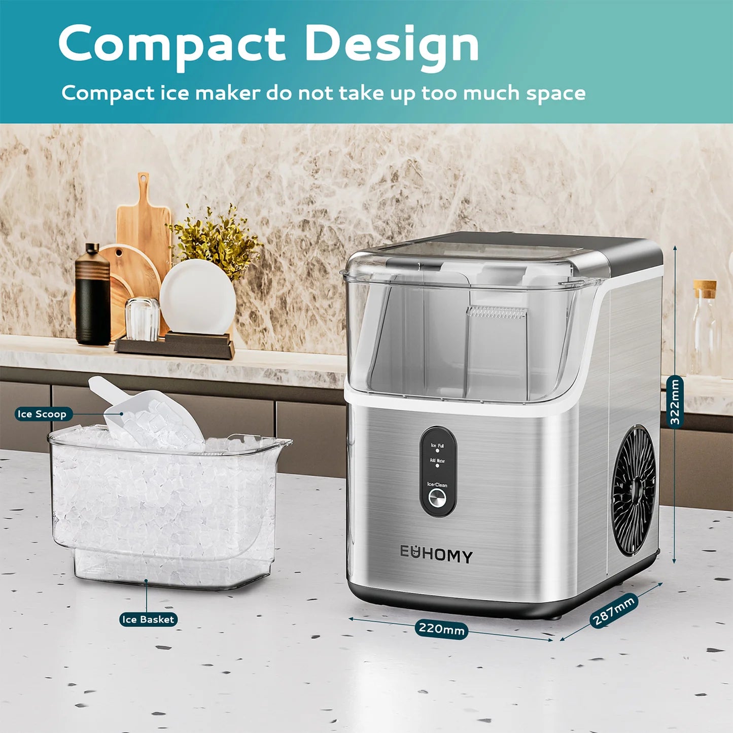 EUHOMY Pebble Counter Ice Maker Machine with 35lbs/24H Soft Ice Self-Cleaning
